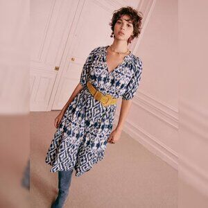 Sezane Robe Stella Dress Blue Ikat S 36 Women Raglan Short Sleeve Midi NWT 45351